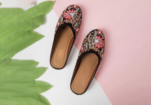 Striking Black Mules with Vibrant Mixed-Color Embellishments