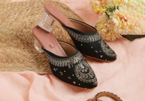 Elegant Black Mules with Intricate Metallic Design
