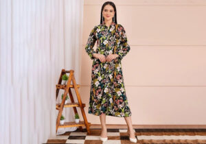 Black Botanical Print Long Sleeve Midi Shirt Dress