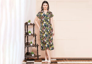 Black Tropical Floral Print A-Line Midi Shirt Dress