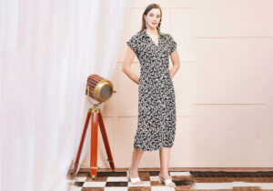 Black & White Geometric Print Midi Shirt Dress