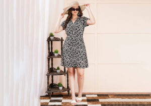 Black & White Geometric Tile Print Belted Mini Shirt Dress