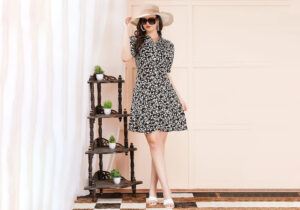 Black & White Geometric Tile Print Flared Mini Shirt Dress