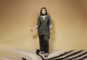 Elegant Dark Olive Green Embroidered Velvet Suit Set