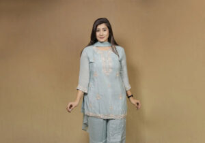 Elegant Light Blue Embellished Suit Set