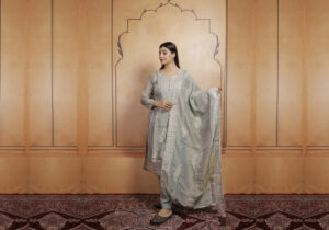 Elegant Light Grey Embroidered Suit Set with Subtle Shine