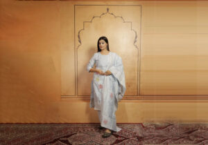 Elegant Light Grey Floral Embroidered Suit Set