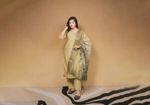 Elegant Light Olive Green Suit Set with Embellished Neckline and Floral Dupatta