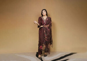 Elegant Maroon Floral Print Suit Set with Embellished Neckline