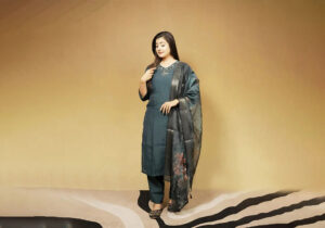 Elegant Teal Blue Suit Set with Printed Dupatta and Embellished Neckline