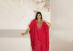 Enchanted Grace Rani Pink Mirror Embellished Kaftan Set
