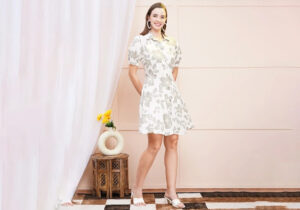 Graceful White & Grey Floral A-Line Shirt Dress