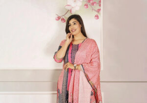 Gulnaar Pink Geometric Printed Cotton Suit Set