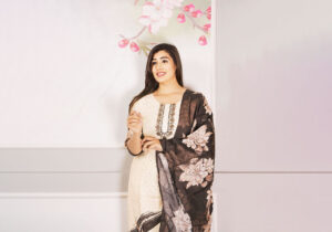 Ivory & Charcoal Floral Suit Set | Timeless Elegance