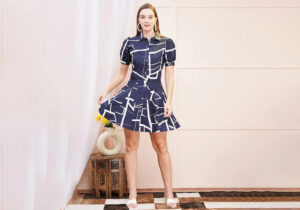 Navy Blue Abstract Geometric Print A-Line Shirt Dress