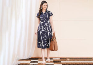 Navy & White Abstract Geometric Print Midi Shirt Dress