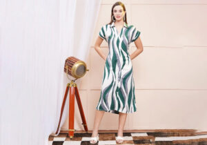 White & Green Wave Print Button-Down Midi Shirt Dress